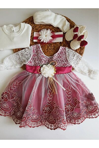 Petite Ponpon Baby Kız Bebek 0-6 Ay Gelinlik Elbise 5 Li Mevlütlük Set Uzun Kollu Fransız Dantelli Elbise