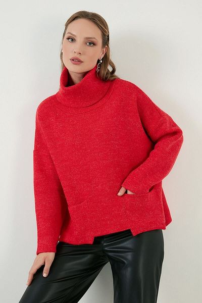 Lela Loose Pullover Sweater with Slits on the Sides, Turtleneck Collar and Pockets 63622553