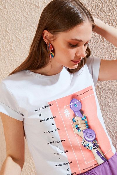Lela Tricou alb din bumbac cu decolteu și imprimat pentru femei 6001003