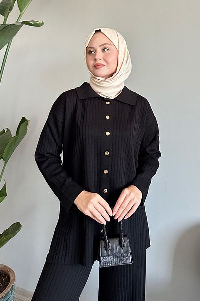 InStyle Black Corded Knitwear Set - Buttoned