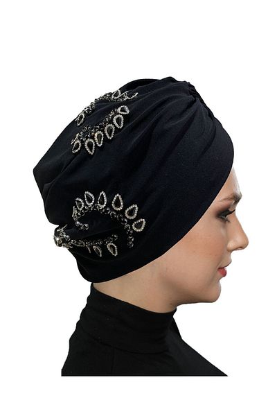 fidan bone Shining Hand Embroidered Black Heart Patterned Lined Ready Made Hijab Hijab Evening Dress Bonnet
