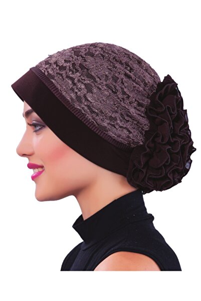 fidan bone Kordoneli Fırfırlı Önü Plise Biyeli Kahve Hazır Türban Tesettür Bo...