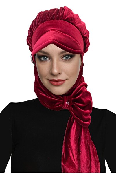 fidan bone قبعة مخملية مع وشاح وتفاصيل مشبك، طرحة جاهزة باللون العنابي، غطاء ...