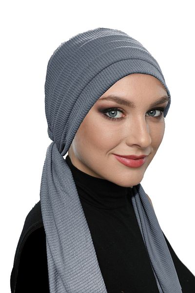 fidan bone Corded Combed Cotton Lacing Dark Gray Ready Turban Hijab Bonnet