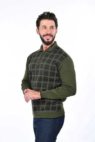Kamalı Men's Steel Knit Houndstooth Shirt Collar Zippered Polo Collar Non-Pilling Knitwear Winter Dad Sweater