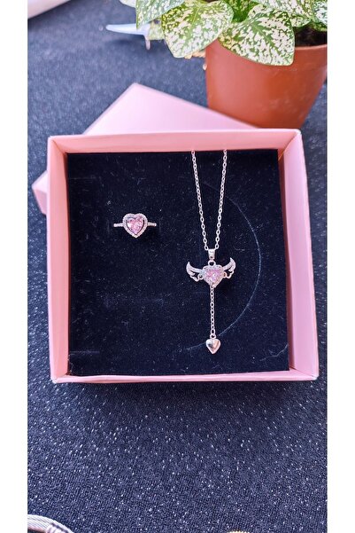 Sepetten Eve Çelik Muadil Gold Kalpli Taşlı Kolye Kalpli Kalpli Yüzük Takım 14 Şubat Sevgililer Günü Hediyesi