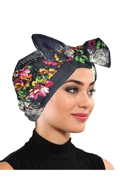 fidan bone Έτοιμο καπό Hijab τουρμπάνι με τζιν φιόγκο και σχέδιο λουλουδιών