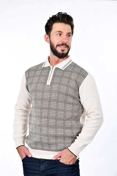 Kamalı Men's Steel Knit Houndstooth Shirt Collar Zippered Polo Collar Non-Pilling Knitwear Winter Dad Sweater