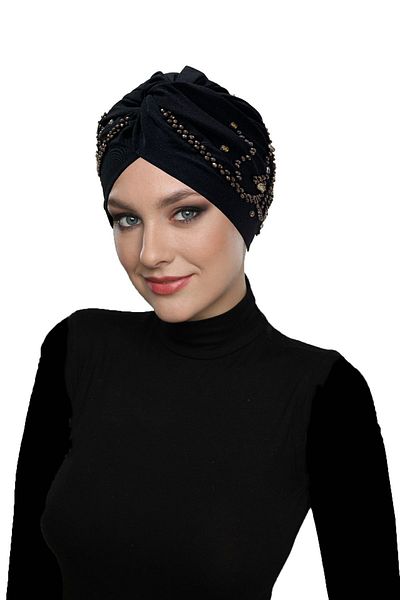 fidan bone Shining Hand Embroidered Black-Copper Branch Patterned Lined Ready-Made Hijab Hijab Evening Dress Bonnet