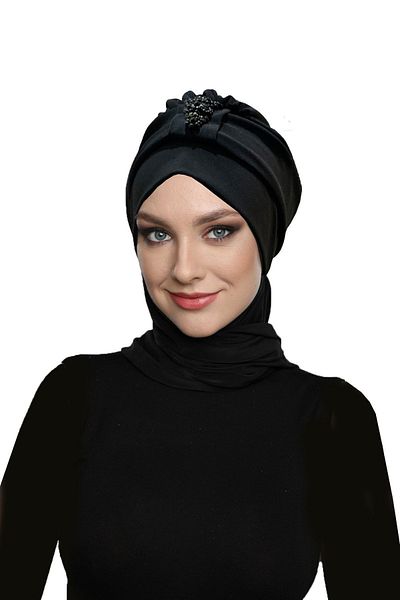 fidan bone Βραδινό καπό φόρεμα Hijab με κρύσταλλο κασκόλ με επένδυση μαύρου έτοιμου τουρμπάνι