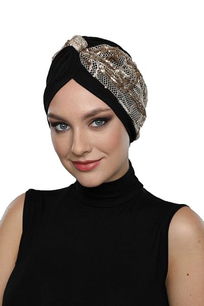fidan bone Special Design Black Beige-gold Sequined Mesh Ethnic Patterned Lined Ready-made Hijab Hijab Evening Dress Bonnet