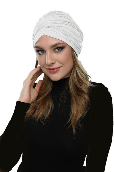 fidan bone قبعة حمام سباحة حجاب عمامة جاهزة باللون الكريمي مع أشرطة مضلعة