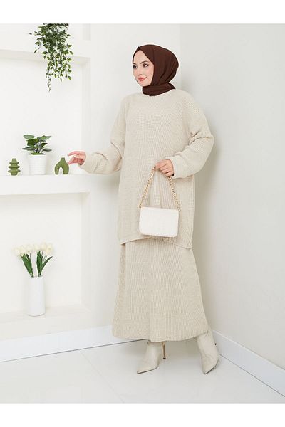 Kirazgym Stone Colored Plain Skirt Knitwear Set