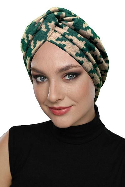 fidan bone Angora Wool Lined Houndstooth Patterned Green-beige Ready-made Turban Hijab Bonnet Women's Beret