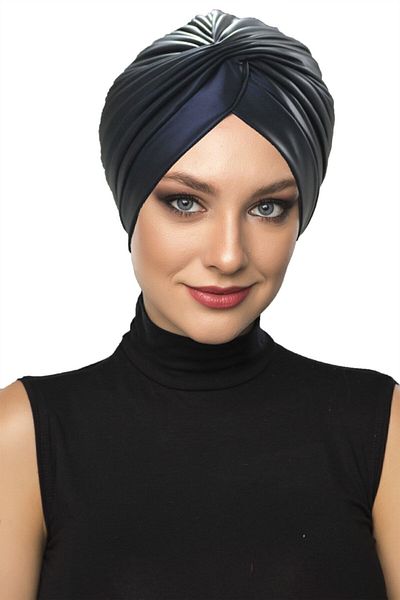 Fidan Cross Leather Black Lined Ready-made Hijab Hijab Bonnet