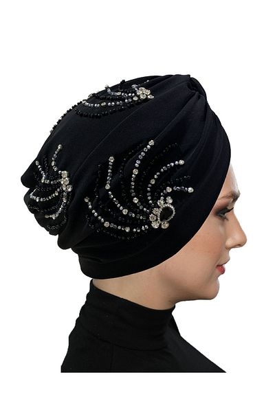 fidan bone Shining Hand Embroidered Black-Silver Wheel Patterned Lined Ready-made Hijab Hijab Evening Dress Bonnet