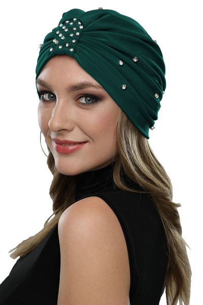 fidan bone Green Ready Turban - Lined and Embroidered Hijab Evening Dress Bonnet