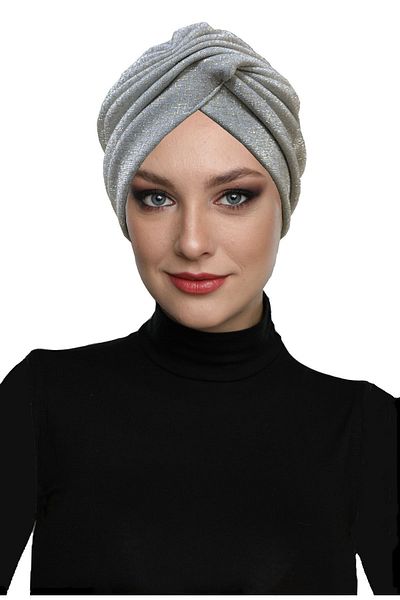 fidan bone Light Gray Cross Patterned Gilded Lined Ready Turban - Hijab Bonnet