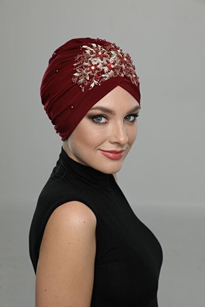 fidan bone Kopma Astarlı Işlemeli Bordo Geniş Sırma Motifli Hazır Türban Tese...