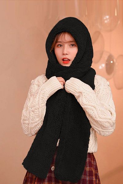Bundera Scarf Black Hooded Women Plush Beanie Scarf Female Welsoft Fleece Neck Collar Shawl Windproof Hat