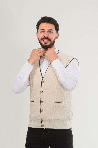 Kamalı Men's V-Neck Striped Knitwear Vest - Regular Fit, Non-Pilling Premium Knit, Buttoned and Pocketed