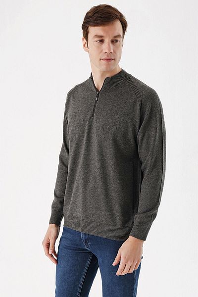 Morven Men's Anthracite Zippered High Collar Dynamic Fit Patterned Knitwear Sweater