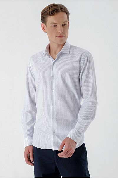 Morven Men's White Trend Striped Paneled Italian Collar Slim Fit Shirt