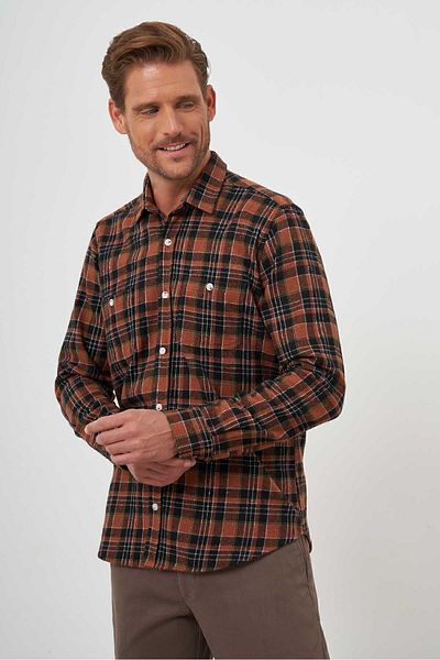 Morven Men's BROWN Trend Plaid Regular Fit Buttoned Collar Lumberjack Shirt