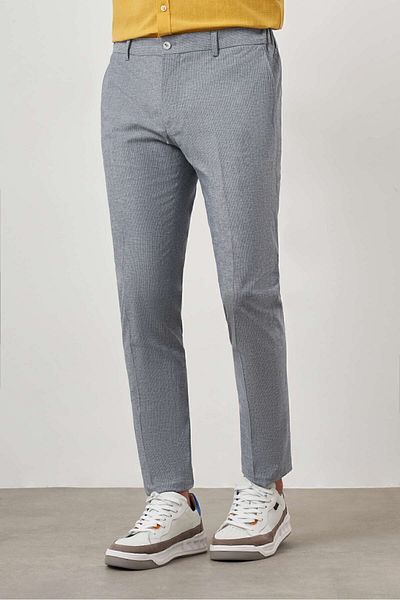 Morven Men's Navy Blue Linen Patterned Side Elastic Slim Fit Trousers