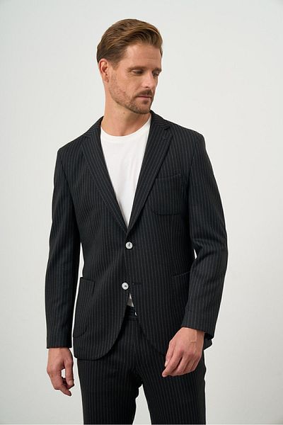 Morven Men's Black Polyviscon Trend Striped Pattern Slim Fit Mono Collar Suit