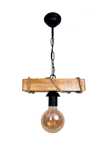 Bundeba Rustic Ceiling Lamp - Single Wooden Chandelier, Rope Pendant Lamp for Office Cafe Bar Hotel Restaurant
