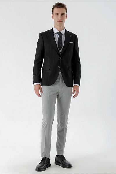 Morven Men's Black Checkered Combination Slim Fit Suit