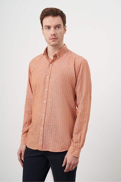 Morven Men's Brick Linen Striped Buttoned Collar Regular Fit Shirt