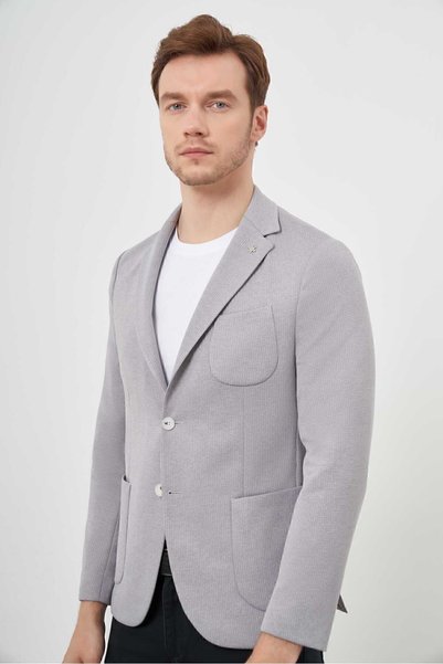 Morven Men's Gray Knitted Slim Fit Bag Pocket Mono Collar Sports Jacket
