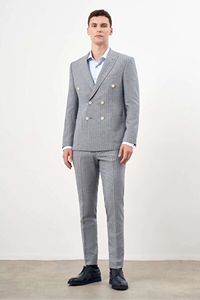 Morven Navy Blue Linen Slim Fit Suit - Double Breasted Pointed Collar