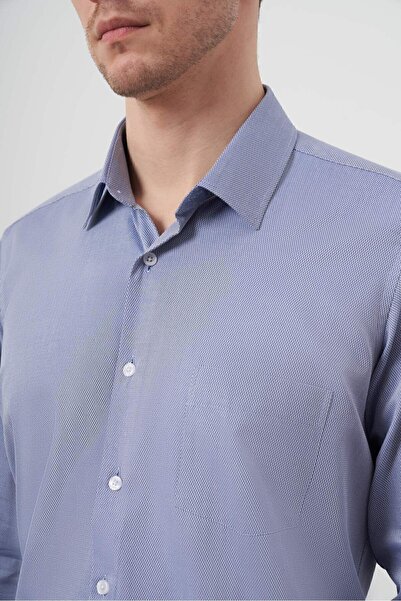 Morven Чоловіча сорочка темно-синя з бавовни з принтом, кишенями та жорстким коміром, прямий крій