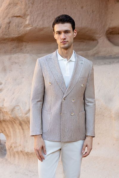 Morven Beige Pointed Collar Double Breasted Slim Fit Sports Jacket - Bag Pocket