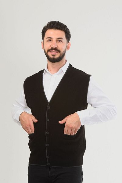 Kamalı Black Men's V-Neck Knitwear Buttoned Pocket Line Patterned Regular Fit Non-Pilling Knitted Vest