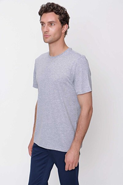 Morven Ανδρικό γκρι Basic απλό 100% βαμβακερό μπλουζάκι με λαιμόκοψη με λεπτή εφαρμογή με κοντό μανίκι