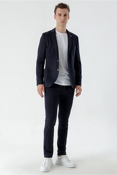 Morven Men's Navy Blue Polyviscon Trend Patterned Slim Fit Mono Collar Suit