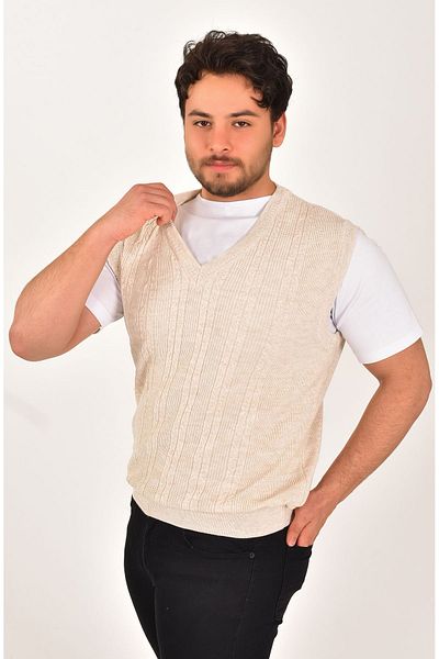 Kamalı Men's V-Neck Knitwear Sweater - Non-Pilling, Oversize, Thessaloniki Lüpen with Hair Braid Detail