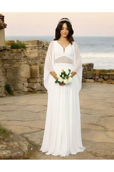 FaBe Fashion White Chiffon Wedding Dress with Valon Sleeves and Lace Comp, for Engagement Promise