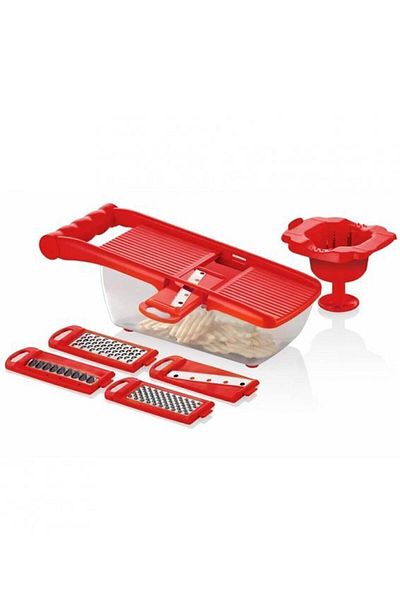 Bundera Multi-Purpose Grater with 5 Blades with Magazine, Stainless Steel Practical Chopping Cutting Kitchen Grater Set Red