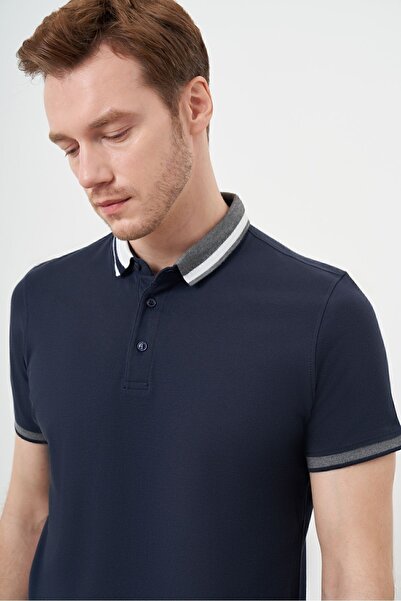 Morven Navy Blue Compact Pique T-Shirt - Plain Pattern and Buttoned Collar