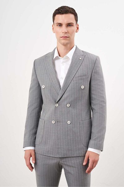 Morven Men's Gray Slim Fit Polyviscon Suit - Double Breasted Pointed Collar