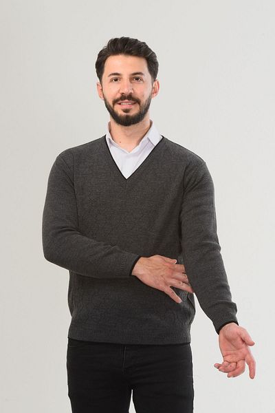 Kamalı Gray Men's V-Neck Knitwear Long Sleeve Standard Fit Non-Pilling Knitwear Winter Knit Sweater