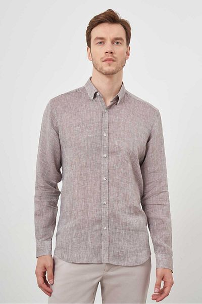Morven Men's BROWN Linen Buttoned Collar Regular Fit Shirt