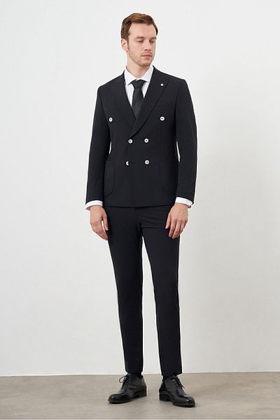 Morven Black Slim Fit Polyamide Double Breasted Suit - Pointed Collar