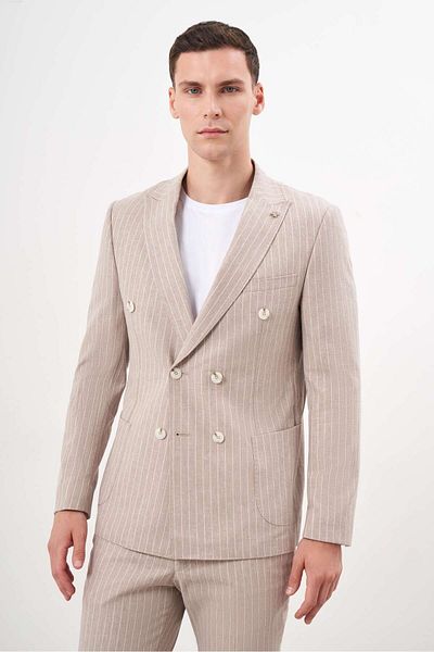 Morven Linen Slim Fit Suit - Men'S, Brown, Pointed Collar, Double Breasted