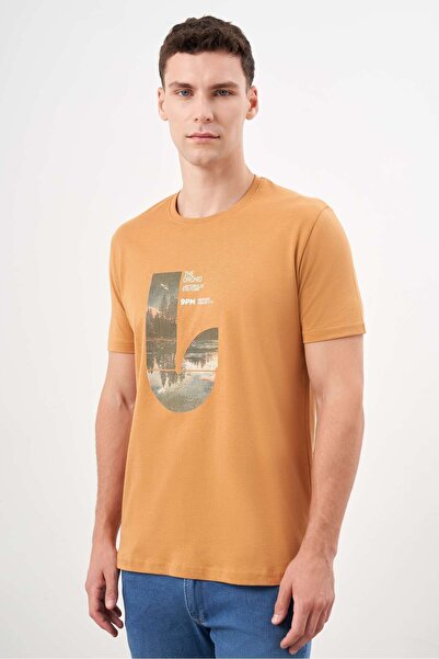 Morven Ανδρικό μπλουζάκι με μονό ζέρσεϊ με κίτρινη μουστάρδα με στάμπα με λαιμόκοψη Dynamic Fit